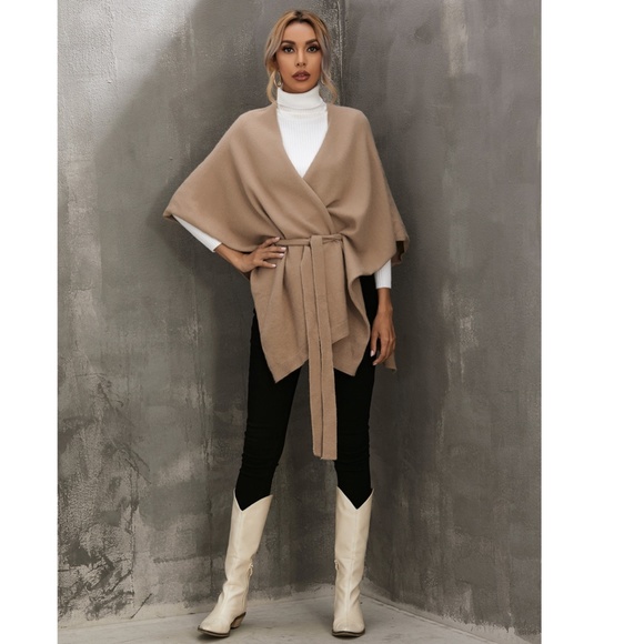 Knitted Cape Belted in Tan - Picture 4 of 10